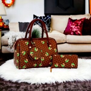 Ladies 3 PC Stunning Checked Avocado Theme Boston Bag Set